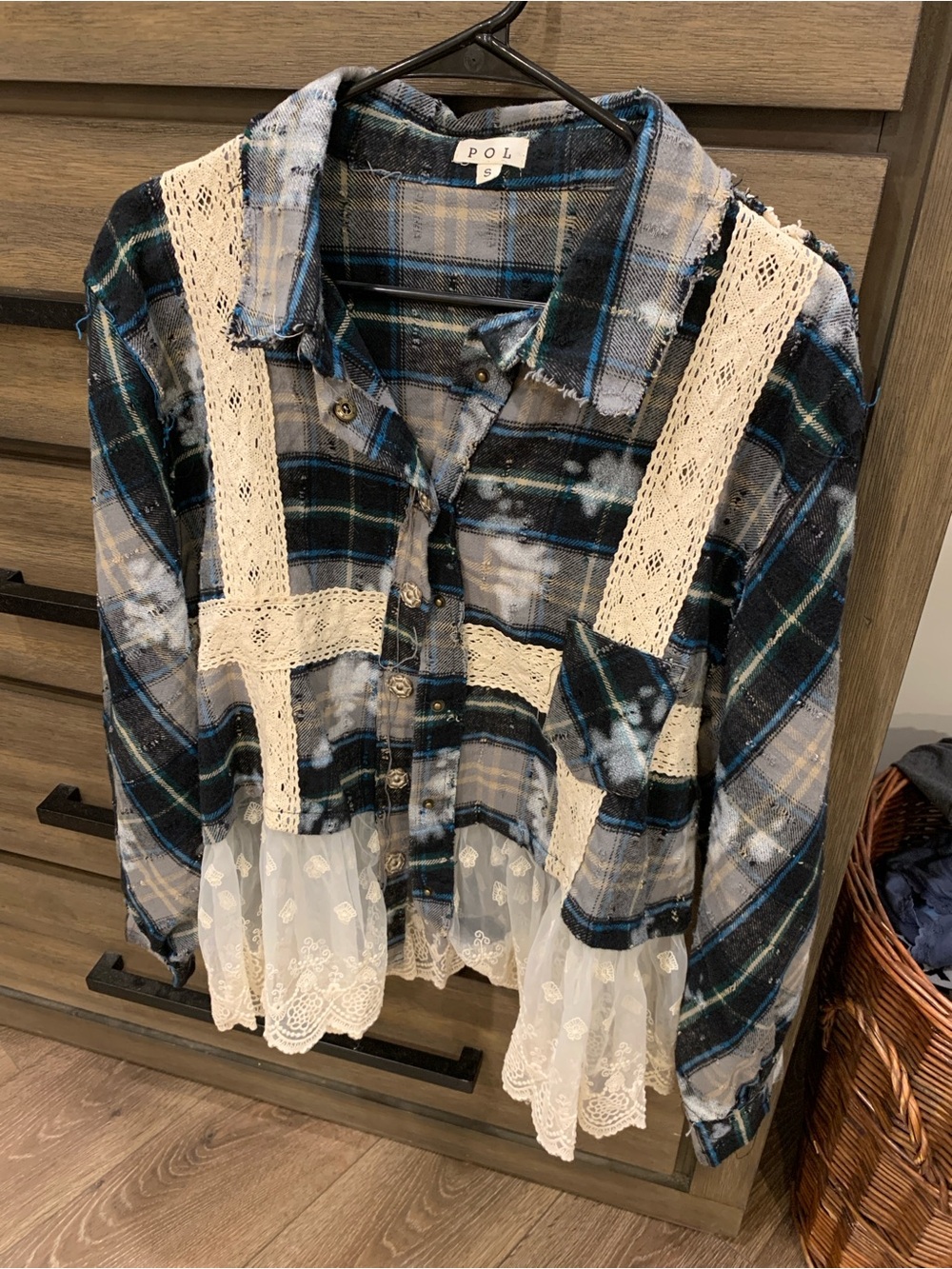 POL Shacket Blue and Black Plaid Button-Down with Cream Lace Trim